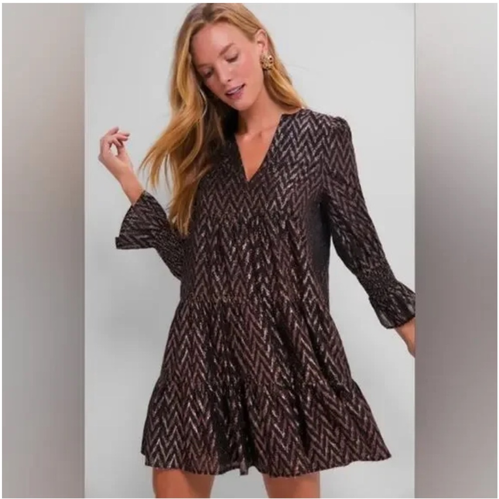 Pomander Place Metallic Ikat Kenzo Long Sleeve V-Neck Mini Shift Dress Size M